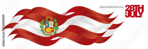 Peru Happy Independence Day 28th of July banner. Peru abstract flag ribbon background with bold typography lettering message 28th of July