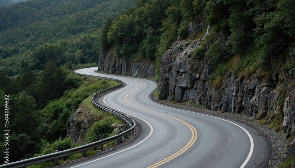 Fototapeta premium Winding road through rich, green forest landscape. Curving asphalt highway cuts through trees, disappearing into distance. Solitary car travels scenic route, surrounded by verdant foliage.
