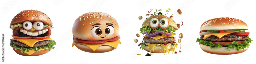 Burger Character Collection: A whimsical collection of animated burgers showcasing diverse expressions, delicious ingredients, and irresistible charm. isolated transparent background Burger Character Collection: A whimsical collection of animated burgers showcasing diverse expressions, delicious ingredients, and irresistible charm. isolated transparent background
