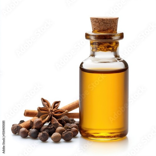 Fototapeta Naklejka Na Ścianę i Meble -  Glass bottle with cork containing aromatic spice essential oil and spices