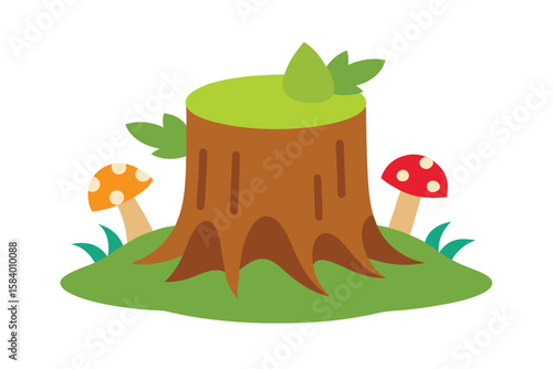 Cartoon Tree Stump Surrounded By Colorful Mushrooms
