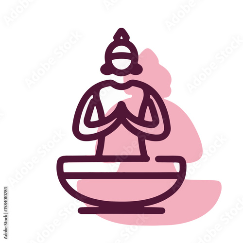 Minimalistic vector icon of a devotee with hands raised in prayer during Navratri, pastel garnet shadow, white background, concept of spirituality and worship.