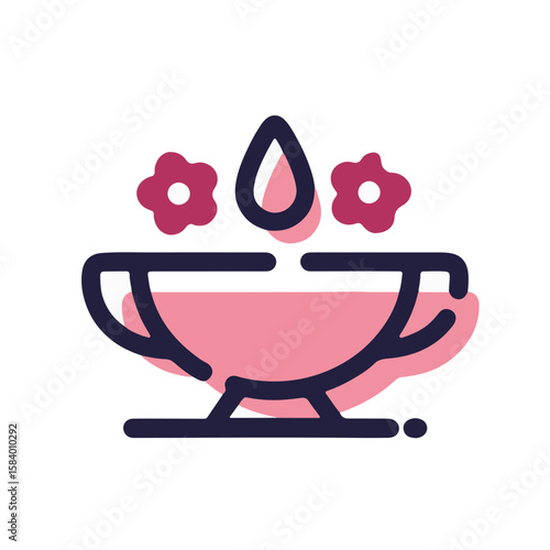 Minimalistic pulsar icon of Navratri prayer thali with sweets and flowers, pastel garnet accents, white background, festival decoration and spiritual concept.
