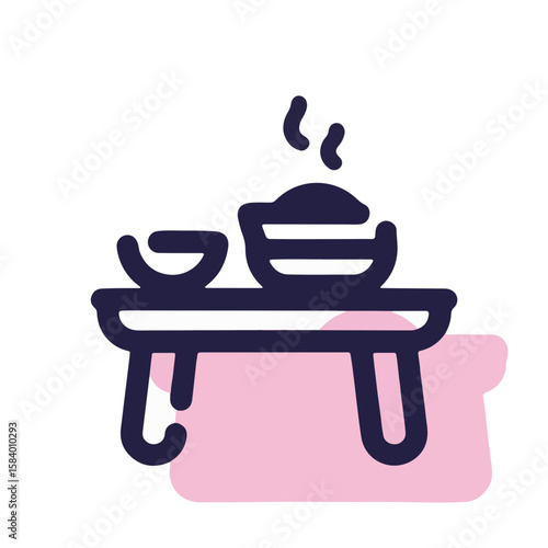 Minimalistic vector design of Navratri festival food offerings on a table, featuring black lines and pastel garnet colors, celebrating cultural traditions and festivals, concept of catering, festival 