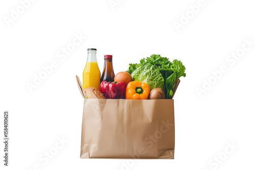 Brown paper bag filled with fresh produce and drinks isolated on a transparent background food