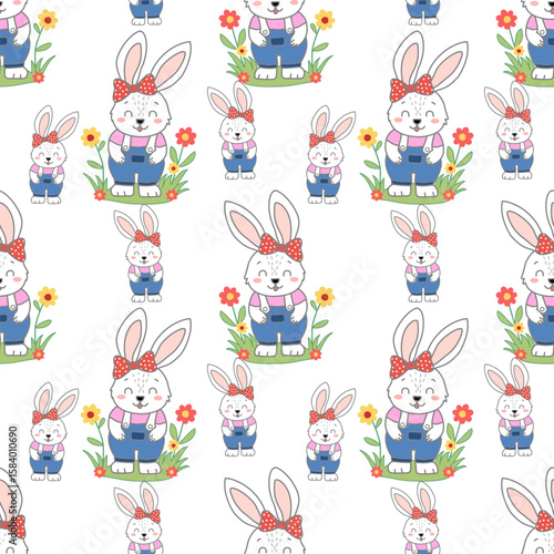 Bunny pattern with flowers, white isolate background