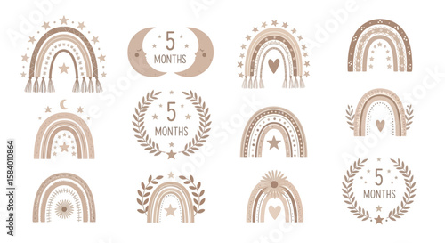 Set of Neutral-toned Rainbow Baby Milestone Illustrations with Stars, Moons, and Floral Wreaths