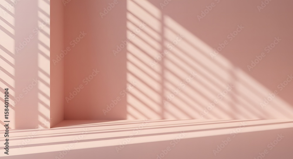 Obraz premium Minimalist pink room corner with sunlight casting striped shadows across the walls and floor surface