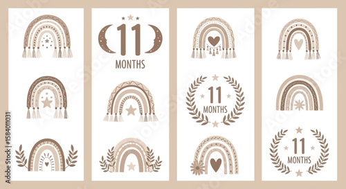 Set of Neutral-toned Rainbow Milestone Cards with Tassels and Stars for 11-Month-Old Baby