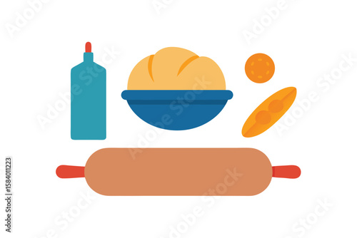 Baking Scene With Flour Rolling Pin And Loaf Of Bread