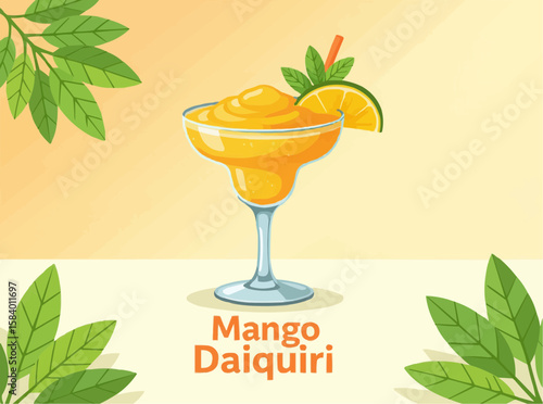 Refreshing Mango Daiquiri Cocktail Surrounded by Palm Leaves

