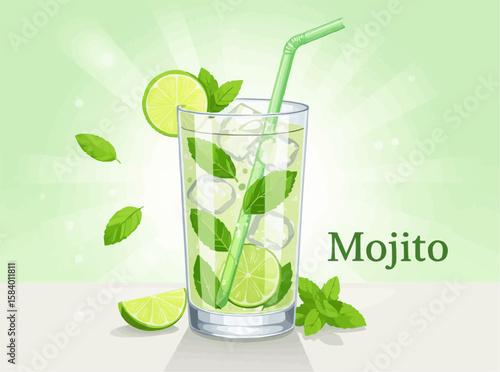 Refreshing Mojito Cocktail with Lime and Mint Illustration