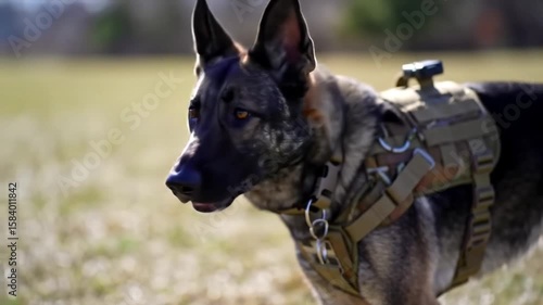 Close up of a german shepherd wearing a tactical vest in an outdoor setting