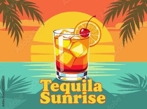 Refreshing Tequila Sunrise Cocktail at Sunset Illustration