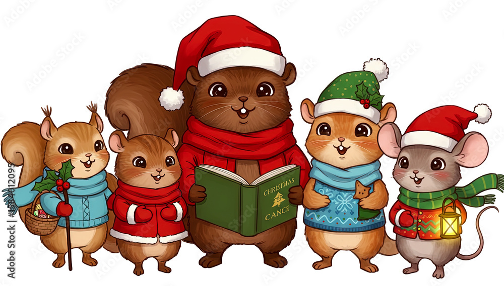 Fototapeta premium Christmas forest animals singing with book and scarves, transparent PNG.