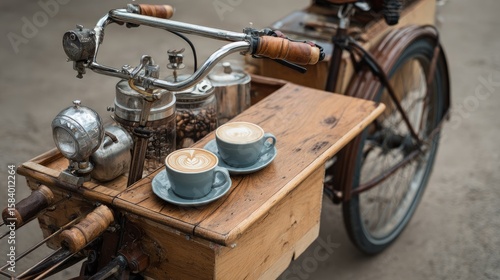 Vintage bicycle coffee cart with latte art