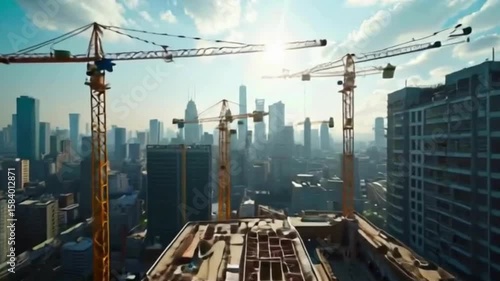 Sunlit cityscape reveals construction cranes shaping the skyline, highlighting urban development and architectural progress in a modern metropolis, perfect for illustrating growth and industry.