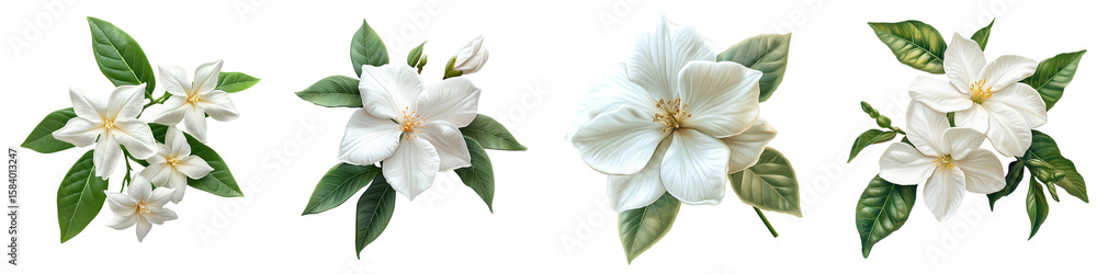 Fototapeta premium Jasmine Blooms in Four Arrangements: A collection of delicate jasmine blossoms arranged in four unique compositions, each exuding natural beauty. isolated transparent background