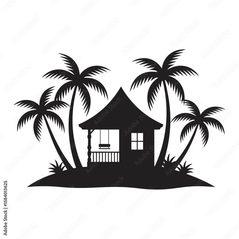 Obraz premium Tropical bungalow with palm trees and swing island