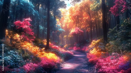 Vibrant path through a surreal, colorful forest