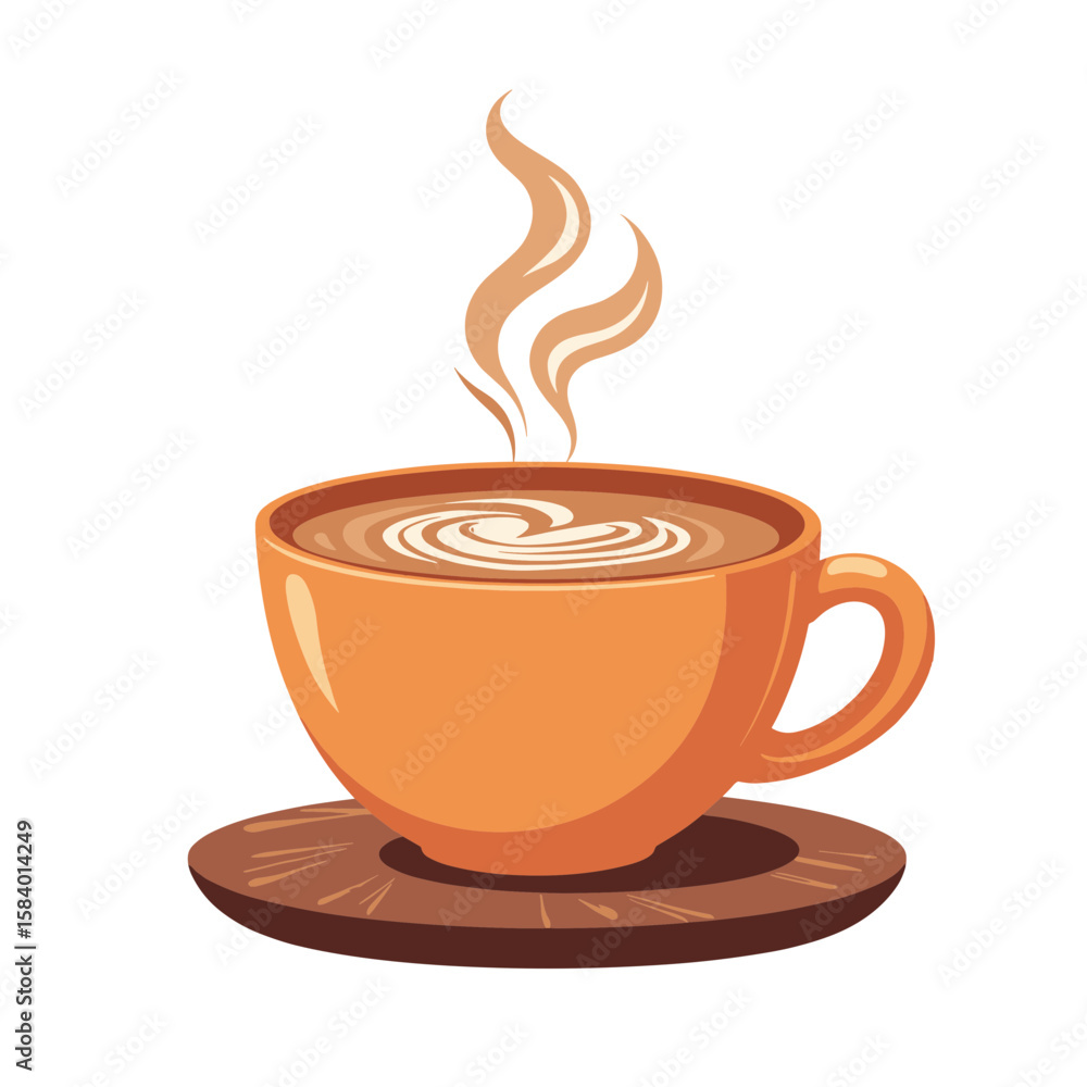 Obraz premium Warm coffee cup with steam on wooden coaster in minimalist style 