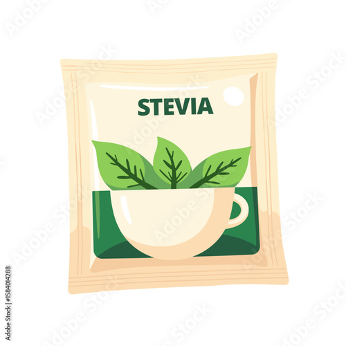 Stevia packet with green leaves and cup illustration for coffee shop  
