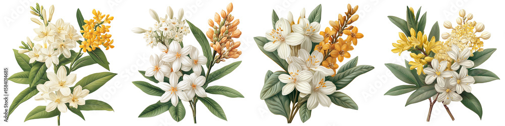 Fototapeta premium Floral Quartet: A harmonious array of floral arrangements showcases an artistic medley of diverse blossoms. each bloom contributing to the overall beauty. isolated transparent background