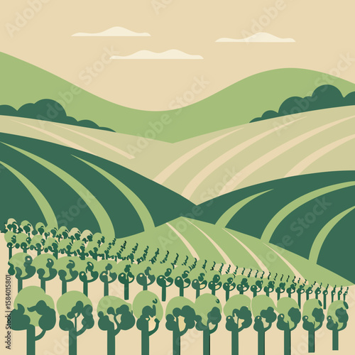 Illustrative landscape of green hills and trees under a pale sky  