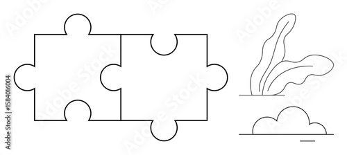 Interlocking puzzle pieces representing connection, collaboration, and logic. Simple foliage and bush elements evoke harmony. Ideal for teamwork, unity, strategy, growth, solutions nature logic
