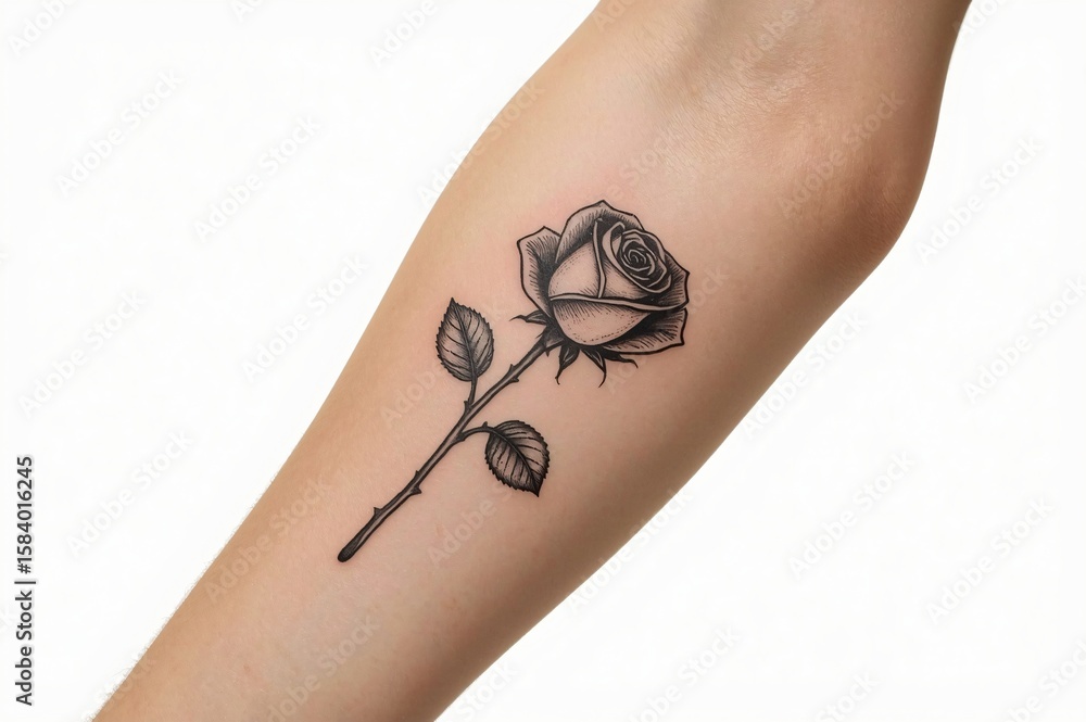 Obraz premium Forearm rose tattoo, studio shot, white background, design element