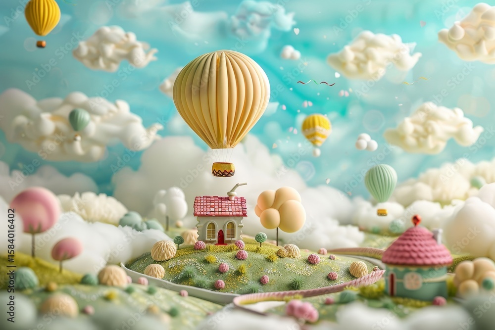 Fototapeta premium Hot Air Balloon over Candyland Village
