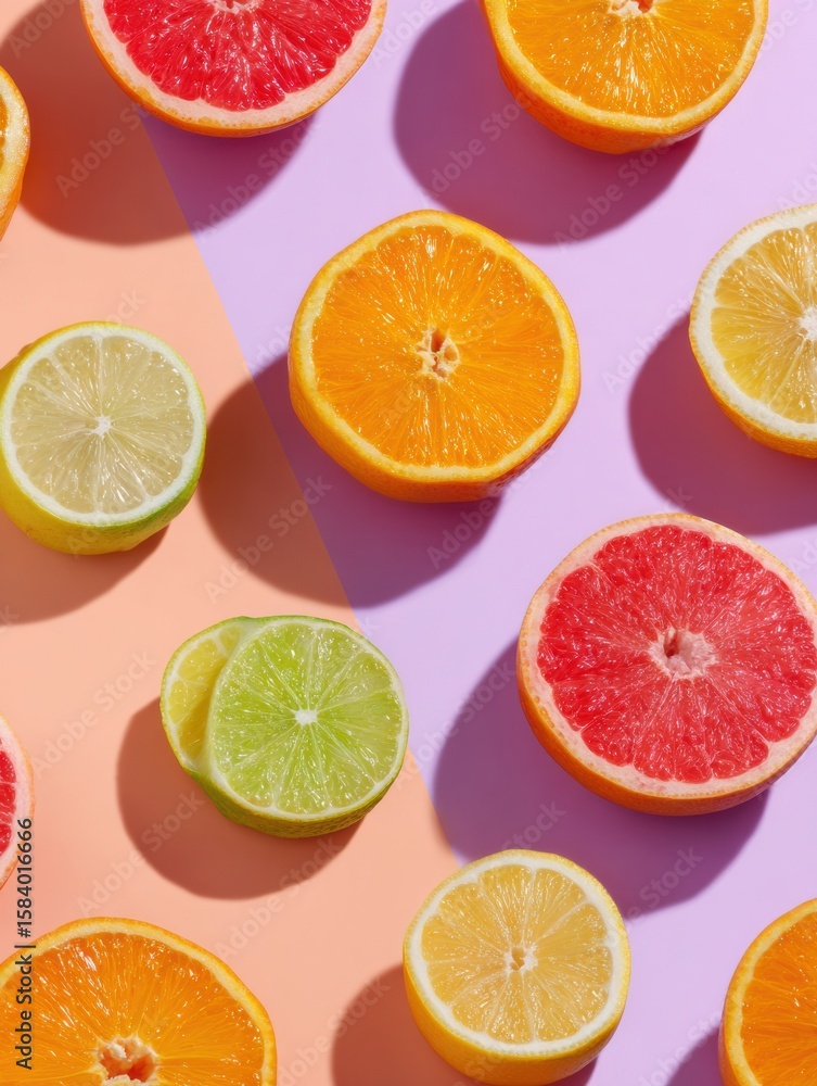 Fototapeta premium Vibrant Citrus Fruits Arranged in Geometric Pattern on Soft Pastel Background With Upper Area Free for Text
