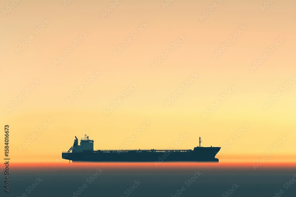 Fototapeta premium Silhouette of a large cargo ship sailing on the ocean during a warm, colorful sunset.