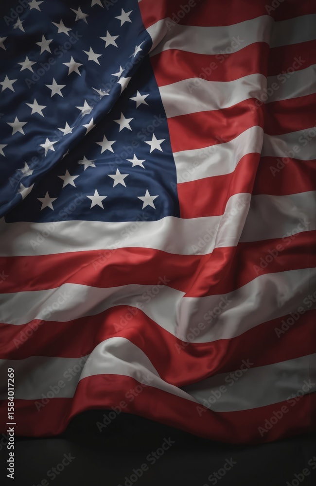Obraz premium Vibrant American flag draped against dark gray background. Rich red and blue horizontal and vertical stripes. White stars in diagonal line on flag fabric texture.