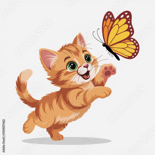 Kitten Chasing Butterfly — Flat Color Cute Cat Vector Illustration