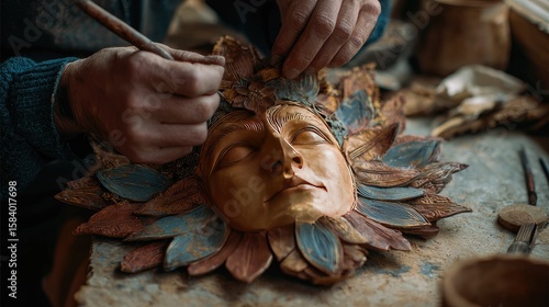 Close-up of artisan painting intricate details on a wooden mask