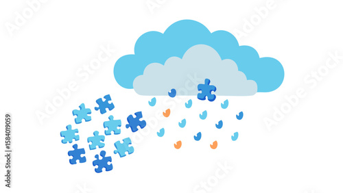 Cloud raining puzzle pieces symbolizing ideas or solutions falling from above
