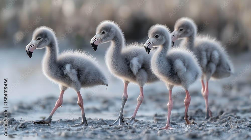 Obraz premium Four fluffy grey flamingo chicks with pink legs wade through a shallow wetland environment