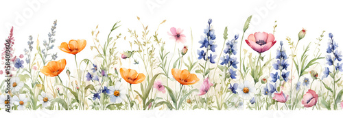 A delicate watercolor border of vibrant wildflowers, perfect for spring or summer designs