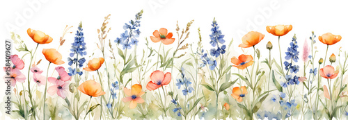 A delicate watercolor border of vibrant wildflowers, perfect for spring or summer designs