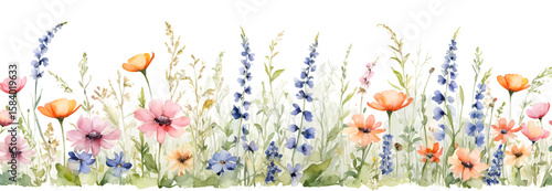 A delicate watercolor border of vibrant wildflowers, perfect for spring or summer designs