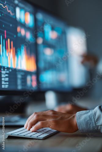 Analyst working with computer in Business Analytics and Data Management System to make report with KPI and metrics connected to database. Corporate strategy for finance, operations, sales, marketing.