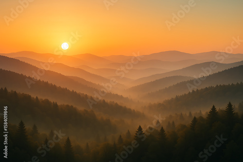 A majestic and serene golden sunrise over layers of misty mountains, with fog settling in the forested valleys, creating a breathtaking and peaceful landscape view.
