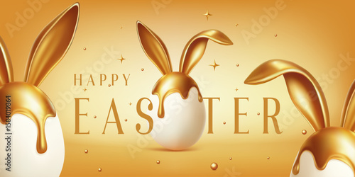 Luxury happy Easter card, banner, poster, greeting card, header web, hunt celebration design. Happy easter eggs banner background card. Template with golden eggs. Elegant easter. Realistic golden egg