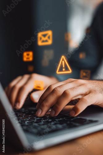 Businessman typing on laptop with warning email icons, representing email threat, phishing attack, malware, data breach, cybersecurity alert, scam message, spam risk, and online fraud protection.