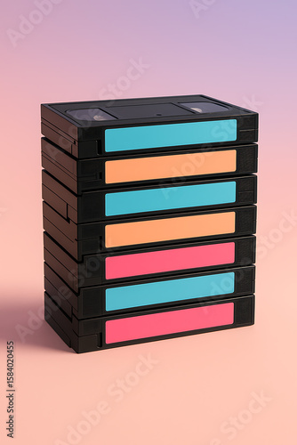 A nostalgic stack of retro VHS video cassette tapes with colorful blank labels, symbolizing the home entertainment, movies, and technology of the 80s and 90s, set against a pastel background.