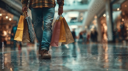 A man walks through a brightly lit shopping mall carrying several shopping bags after a successful day out.