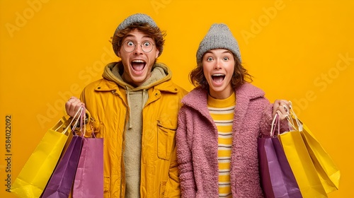 Excited young couple in winter hats hold shopping bags with happy expressions on a bright yellow background.