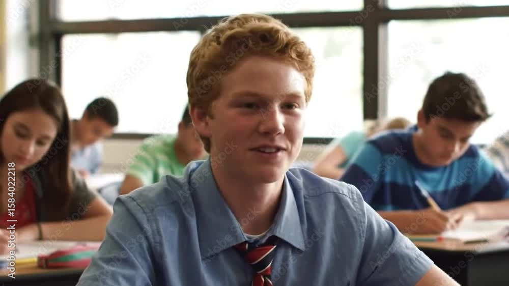 Smiling student with red hair in classroom wearing blue shirt and red striped tie Smiling student with red hair in classroom wearing blue shirt and red striped tie