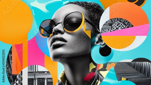 illustration of a female African model wearing sunglasses, overlap monochrome black and white and color, palm trees, holiday vibes